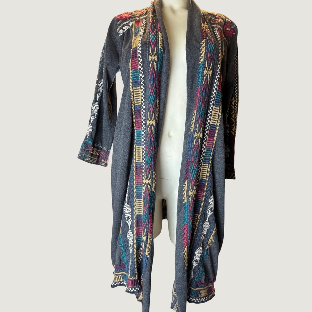 Johnny Was JWLA Embroidered Long Duster Cardigan Charcoal Gray Small